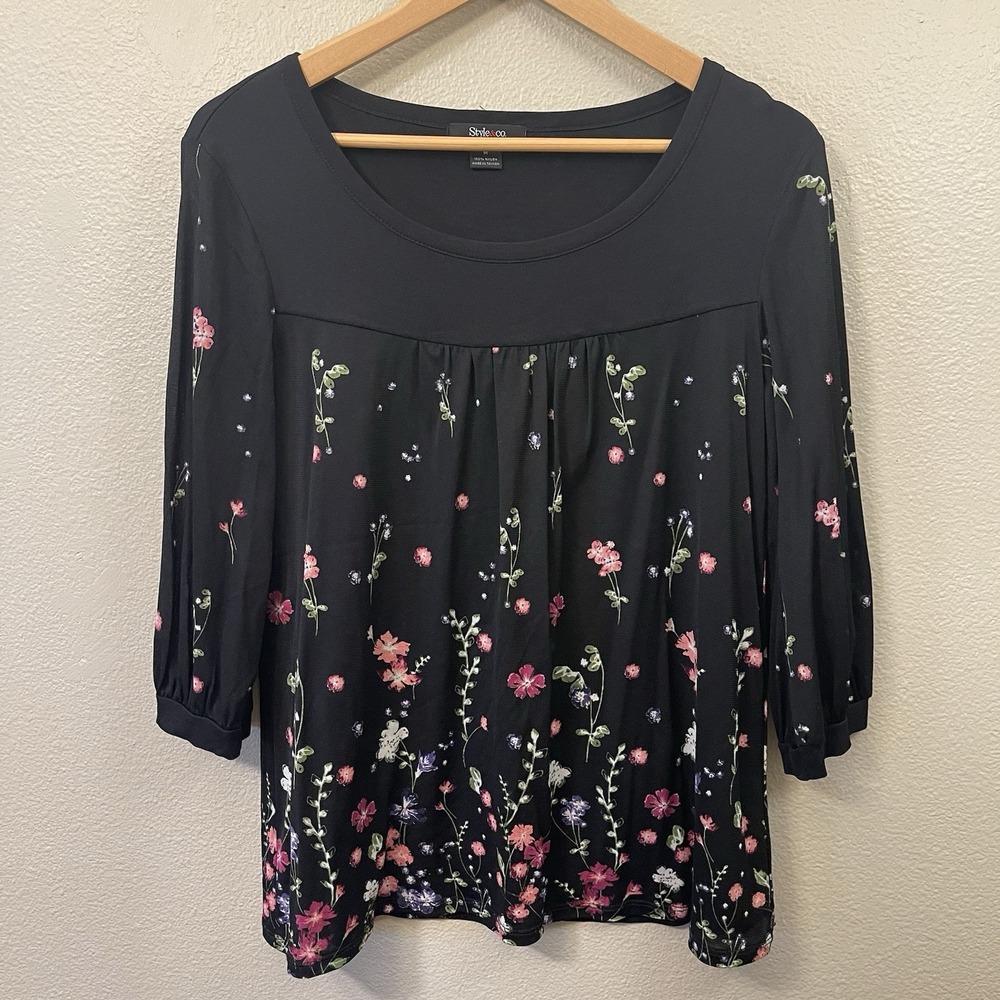 Style & Co Floral‎ Top Black Multi Mesh Dark Fairy Whimsygoth Size M